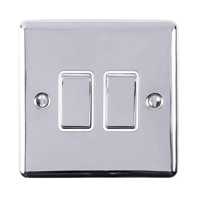 This is an image showing Eurolite Enhance Decorative 2 Gang Switch - Polished Chrome (With White Trim) en2swpcw available to order from trade door handles, quick delivery and discounted prices.