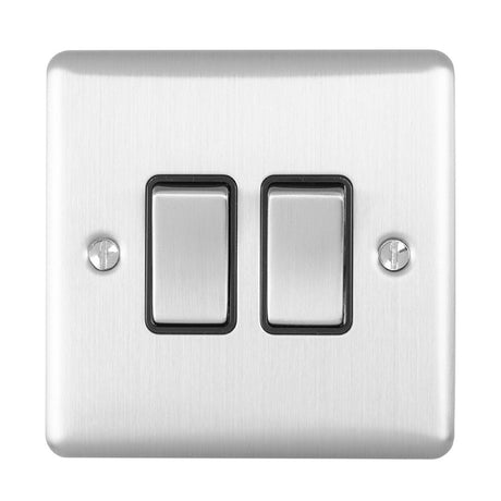 This is an image showing Eurolite Enhance Decorative 2 Gang Switch - Satin Stainless Steel (With Black Trim) en2swssb available to order from trade door handles, quick delivery and discounted prices.