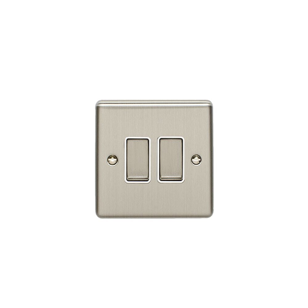 This is an image showing Eurolite Enhance Decorative 2 Gang Switch - Satin Stainless Steel (With White Trim) en2swssw available to order from trade door handles, quick delivery and discounted prices.