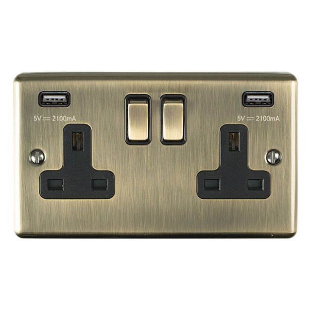 This is an image showing Eurolite Enhance Decorative 2 Gang USB Socket - Antique Brass (With Black Trim) en2usbabb available to order from trade door handles, quick delivery and discounted prices.