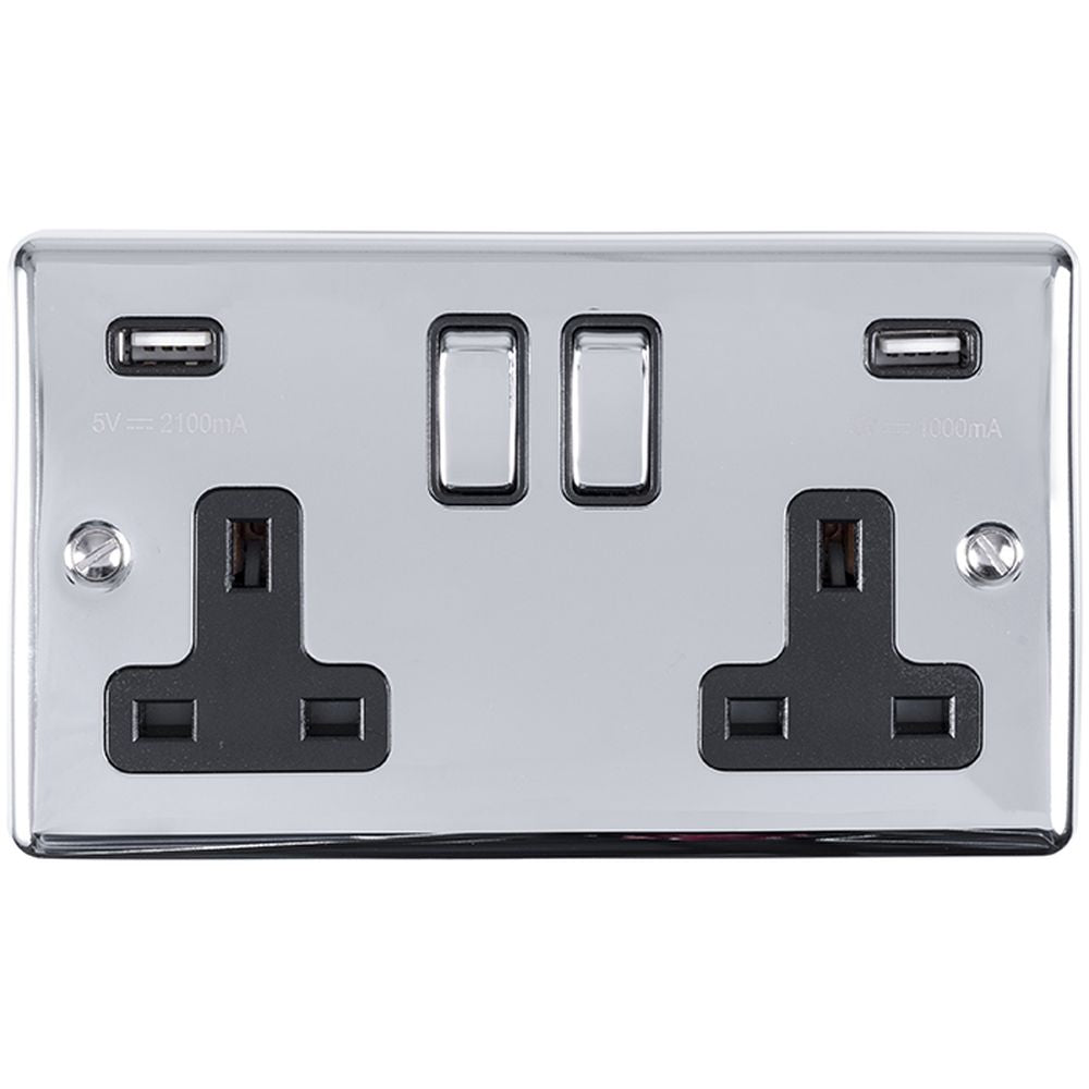 This is an image showing Eurolite Enhance Decorative 2 Gang USB Socket - Polished Chrome (With Black Trim) en2usbpcb available to order from trade door handles, quick delivery and discounted prices.