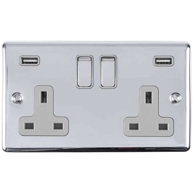 This is an image showing Eurolite Enhance Decorative 2 Gang USB Socket - Polished Chrome (With Grey Trim) en2usbpcg available to order from trade door handles, quick delivery and discounted prices.