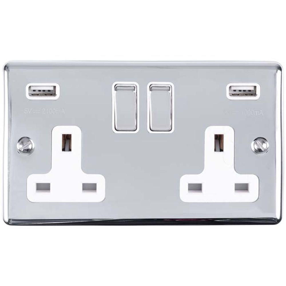 This is an image showing Eurolite Enhance Decorative 2 Gang USB Socket - Polished Chrome (With White Trim) en2usbpcw available to order from trade door handles, quick delivery and discounted prices.