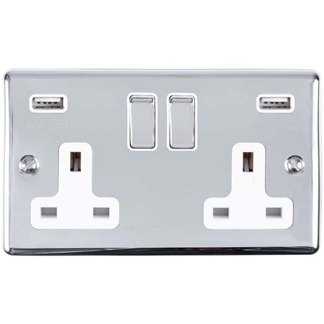 This is an image showing Eurolite Enhance Decorative 2 Gang USB Socket - Polished Chrome (With White Trim) en2usbpcw available to order from trade door handles, quick delivery and discounted prices.