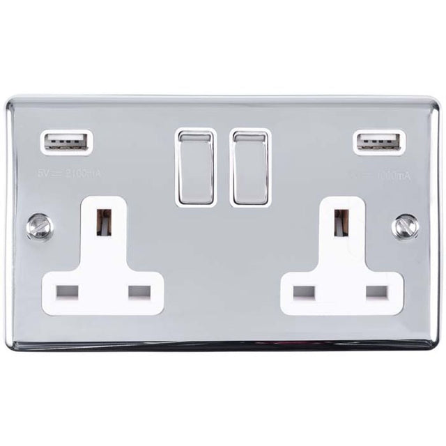 This is an image showing Eurolite Enhance Decorative 2 Gang USB Socket - Polished Chrome (With White Trim) en2usbpcw available to order from trade door handles, quick delivery and discounted prices.