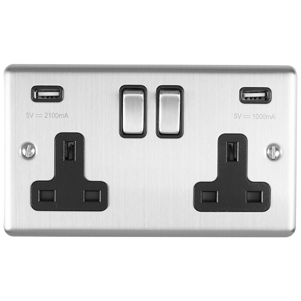 This is an image showing Eurolite Enhance Decorative 2 Gang USB Socket - Satin Stainless Steel (With Black Trim) en2usbssb available to order from trade door handles, quick delivery and discounted prices.