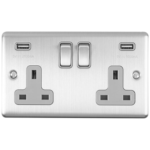 This is an image showing Eurolite Enhance Decorative 2 Gang USB Socket - Satin Stainless Steel (With Grey Trim) en2usbssg available to order from trade door handles, quick delivery and discounted prices.