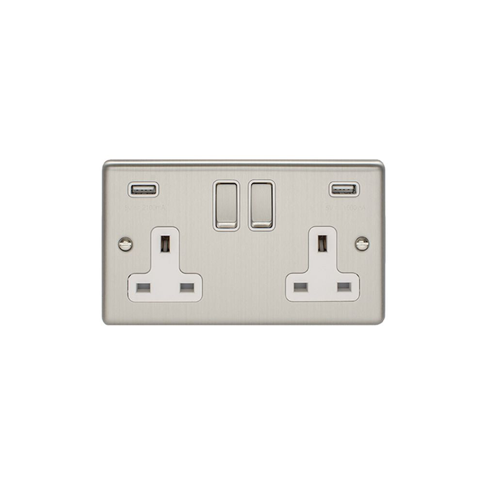 This is an image showing Eurolite Enhance Decorative 2 Gang USB Socket - Satin Stainless Steel (With White Trim) en2usbssw available to order from trade door handles, quick delivery and discounted prices.