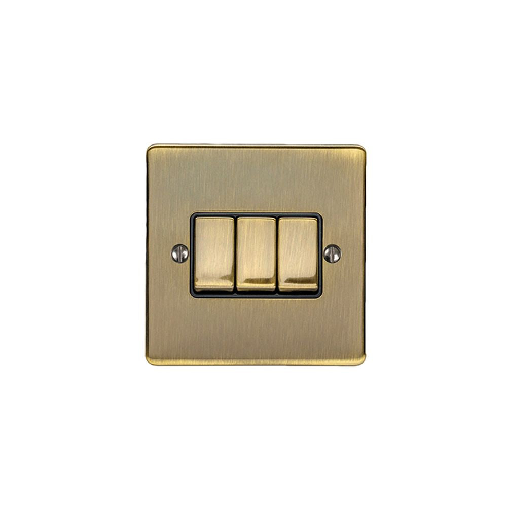 This is an image showing Eurolite Enhance Decorative 3 Gang Switch - Antique Brass (With Black Trim) en3swabb available to order from trade door handles, quick delivery and discounted prices.