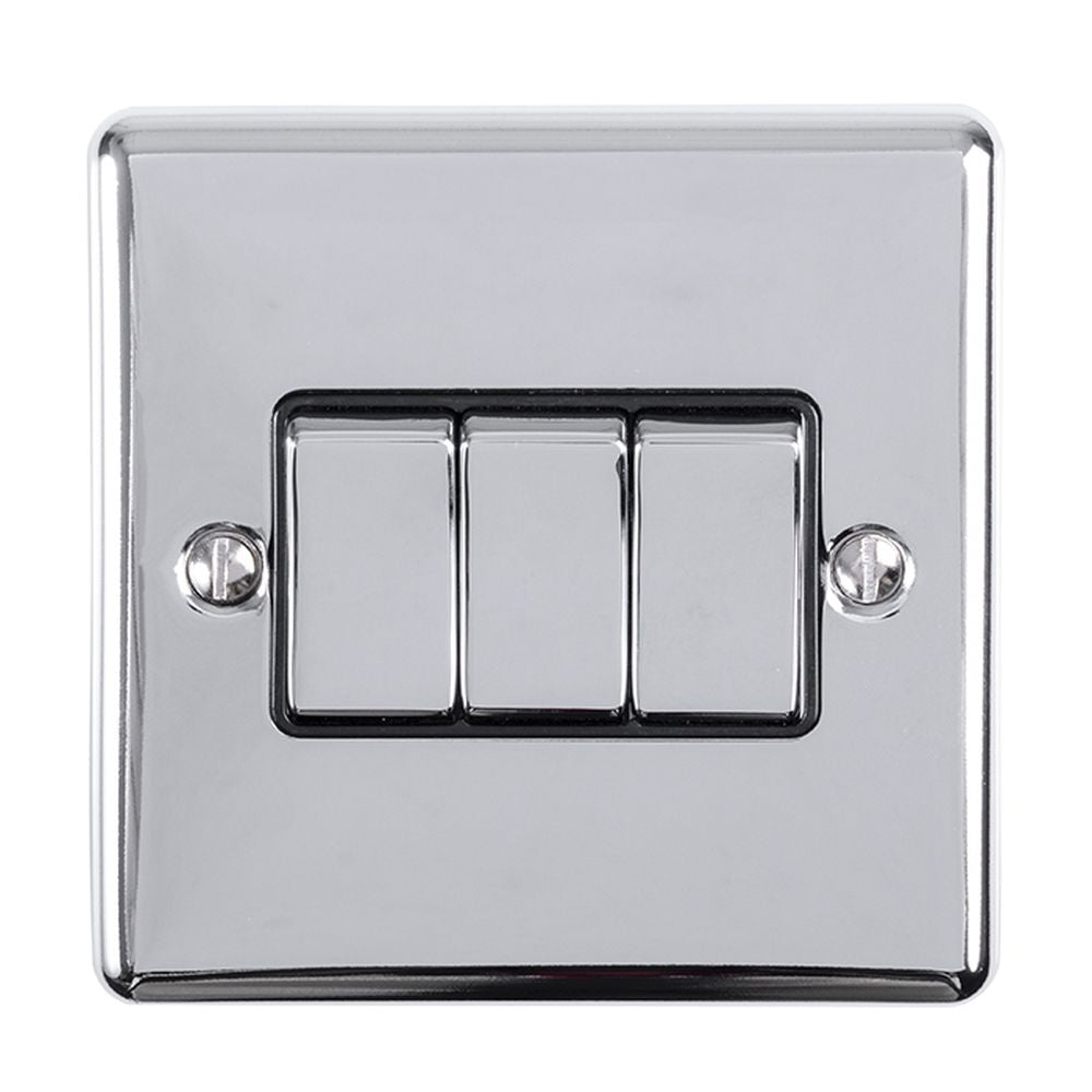 This is an image showing Eurolite Enhance Decorative 3 Gang Switch - Polished Chrome (With Black Trim) en3swpcb available to order from trade door handles, quick delivery and discounted prices.