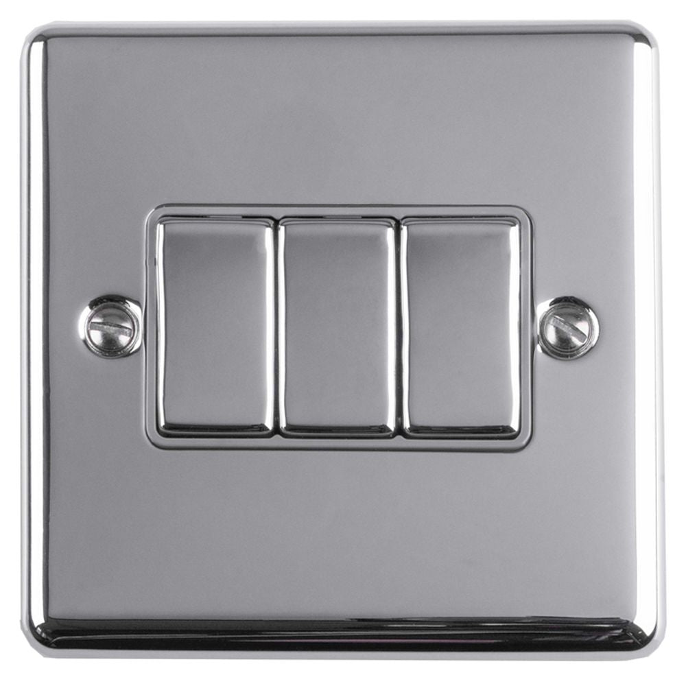 This is an image showing Eurolite Enhance Decorative 3 Gang Switch - Polished Chrome (With Grey Trim) en3swpcg available to order from trade door handles, quick delivery and discounted prices.