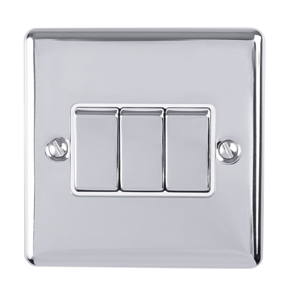 This is an image showing Eurolite Enhance Decorative 3 Gang Switch - Polished Chrome (With White Trim) en3swpcw available to order from trade door handles, quick delivery and discounted prices.