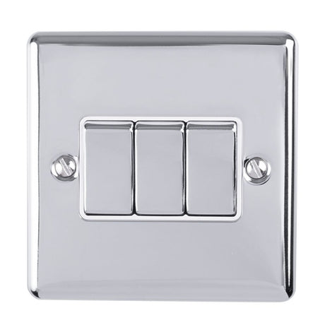 This is an image showing Eurolite Enhance Decorative 3 Gang Switch - Polished Chrome (With White Trim) en3swpcw available to order from trade door handles, quick delivery and discounted prices.