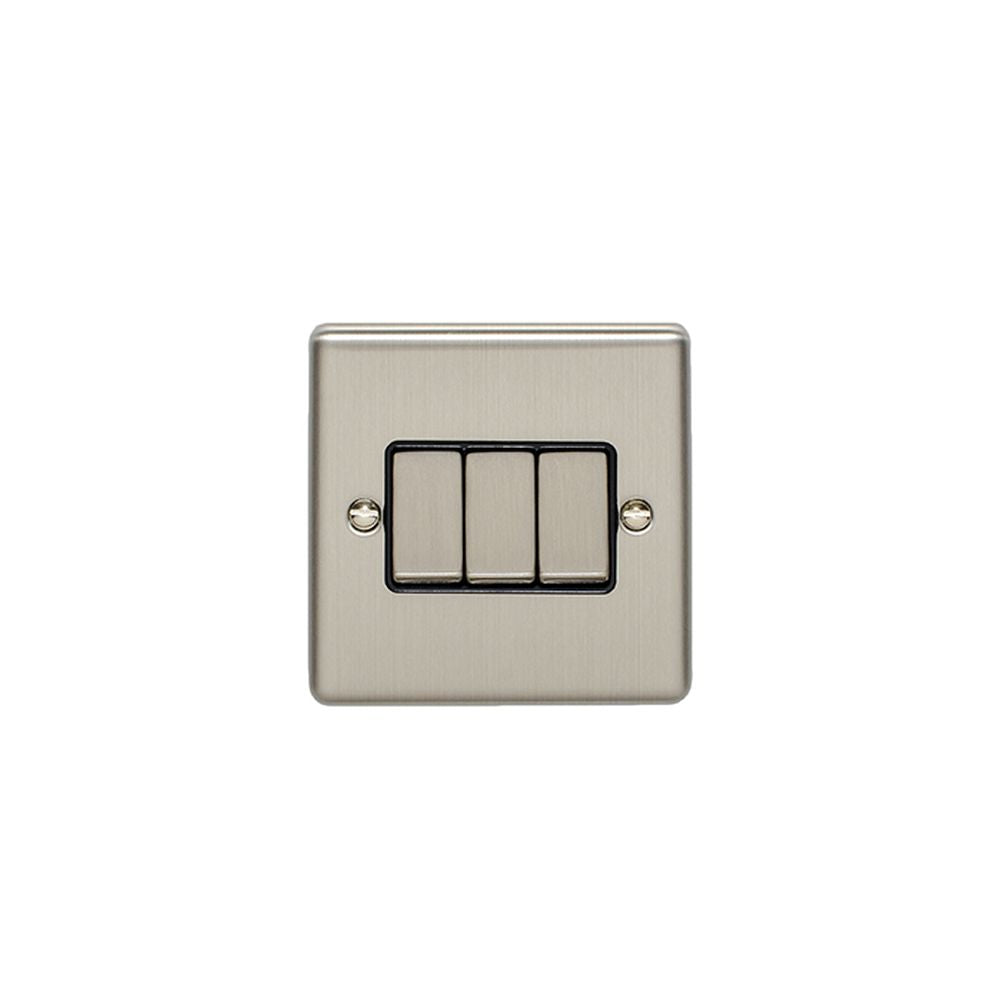 This is an image showing Eurolite Enhance Decorative 3 Gang Switch - Satin Stainless Steel (With Black Trim) en3swssb available to order from trade door handles, quick delivery and discounted prices.