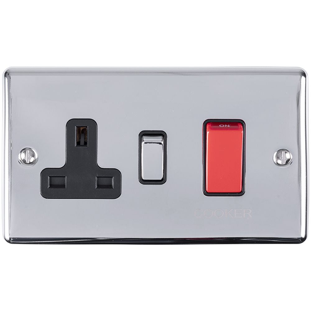 This is an image showing Eurolite Enhance Decorative 45Amp Switch with a socket - Polished Chrome (With Black Trim) en45aswaspcb available to order from trade door handles, quick delivery and discounted prices.