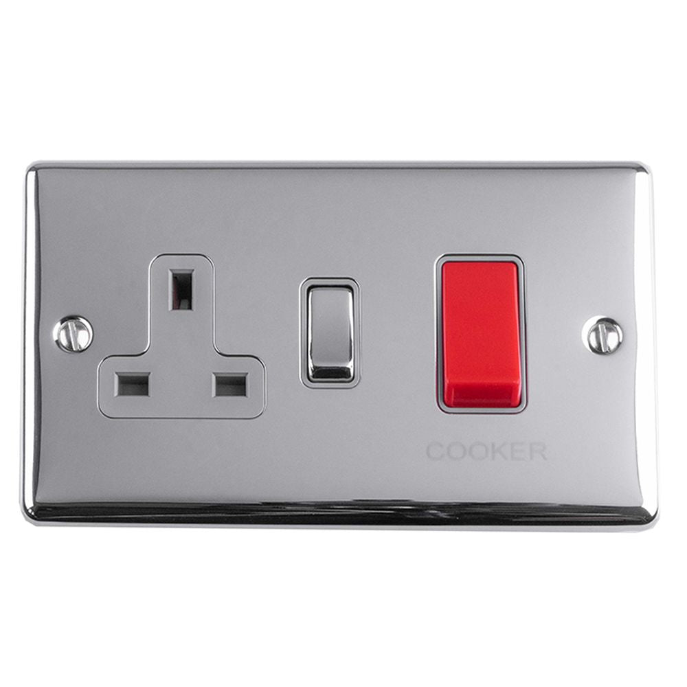 This is an image showing Eurolite Enhance Decorative 45Amp Switch with a socket - Polished Chrome (With Grey Trim) en45aswaspcg available to order from trade door handles, quick delivery and discounted prices.