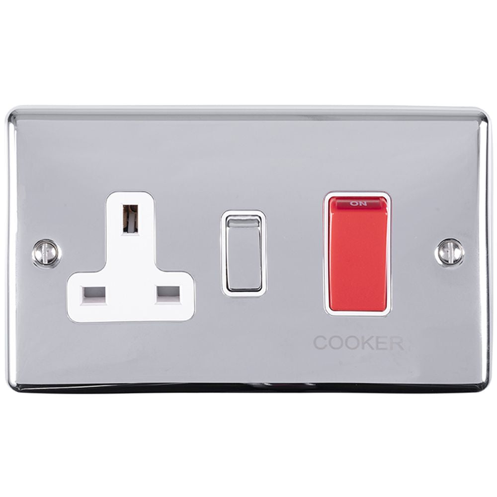 This is an image showing Eurolite Enhance Decorative 45Amp Switch with a socket - Polished Chrome (With White Trim) en45aswaspcw available to order from trade door handles, quick delivery and discounted prices.