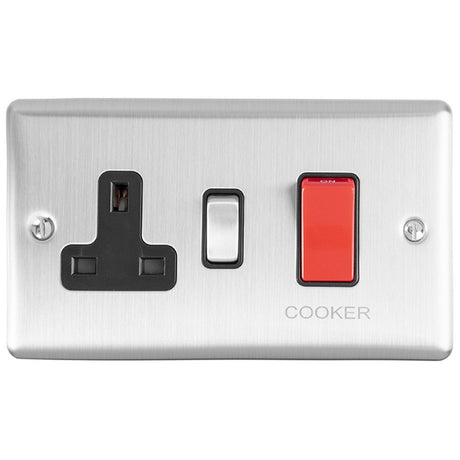 This is an image showing Eurolite Enhance Decorative 45Amp Switch with a socket - Satin Stainless Steel (With Black Trim) en45aswasssb available to order from trade door handles, quick delivery and discounted prices.