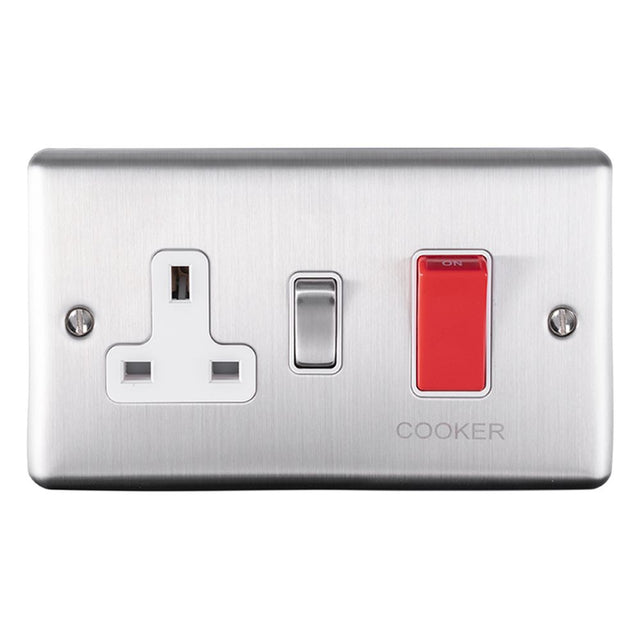 This is an image showing Eurolite Enhance Decorative 45Amp Switch with a socket - Satin Stainless Steel (With White Trim) en45aswasssw available to order from trade door handles, quick delivery and discounted prices.