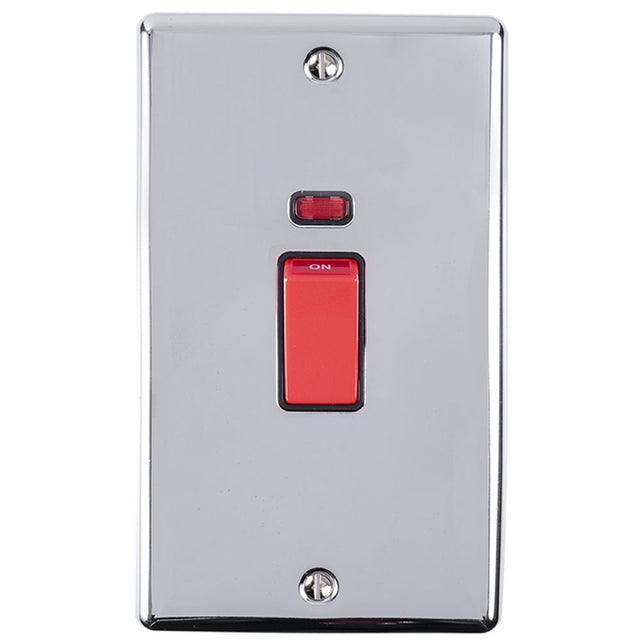 This is an image showing Eurolite Enhance Decorative 45Amp Switch with Neon Indicator - Polished Chrome (With Black Trim) en45aswnpcb available to order from trade door handles, quick delivery and discounted prices.