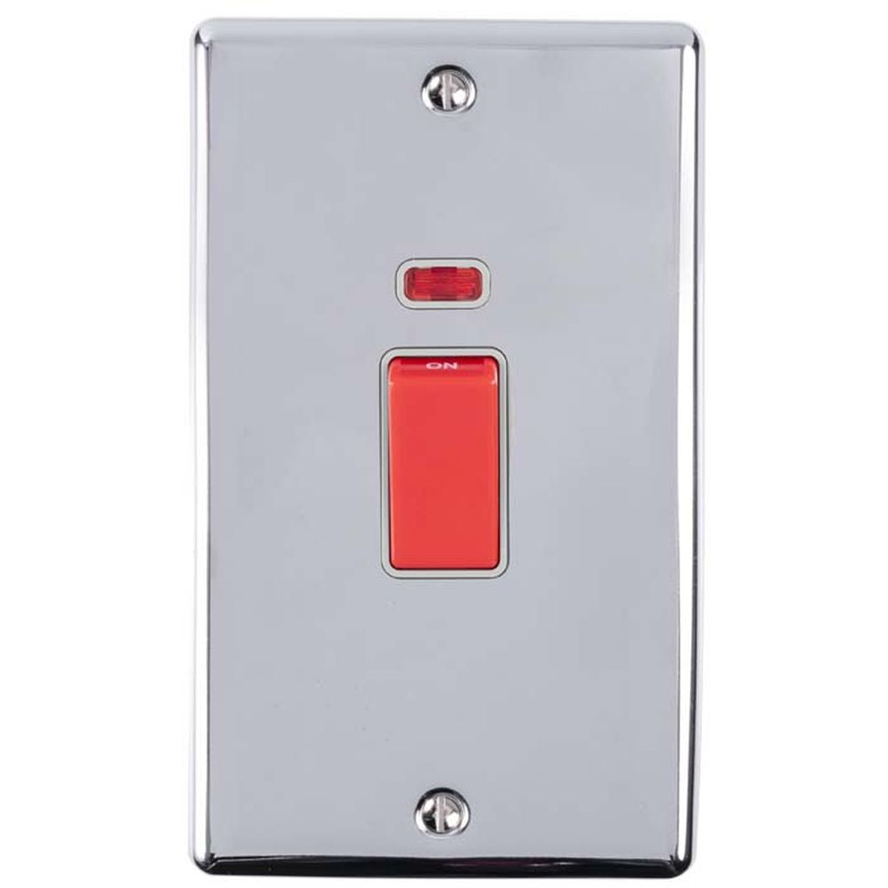 This is an image showing Eurolite Enhance Decorative 45Amp Switch with Neon Indicator - Polished Chrome (With Grey Trim) en45aswnpcg available to order from trade door handles, quick delivery and discounted prices.