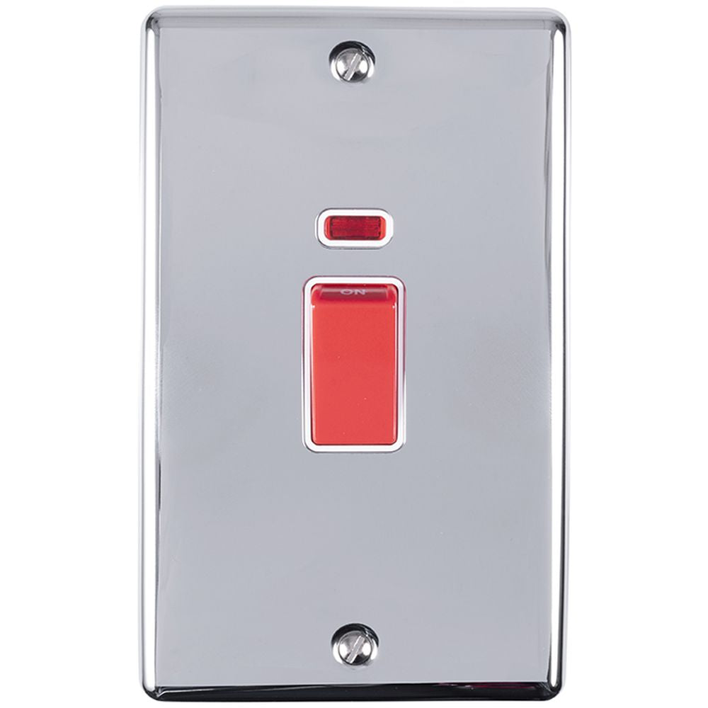 This is an image showing Eurolite Enhance Decorative 45Amp Switch with Neon Indicator - Polished Chrome (With White Trim) en45aswnpcw available to order from trade door handles, quick delivery and discounted prices.