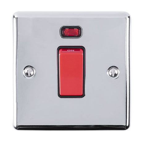 This is an image showing Eurolite Enhance Decorative 45Amp Switch with Neon Indicator - Polished Chrome (With Black Trim) en45aswnspcb available to order from trade door handles, quick delivery and discounted prices.