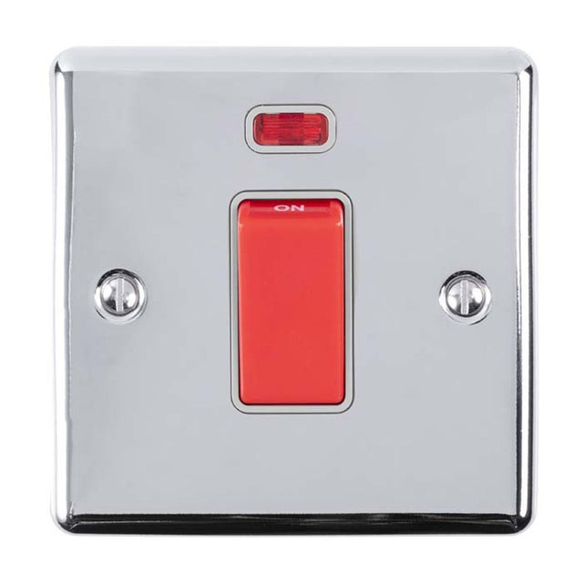 This is an image showing Eurolite Enhance Decorative 45Amp Switch with Neon Indicator - Polished Chrome (With Grey Trim) en45aswnspcg available to order from trade door handles, quick delivery and discounted prices.