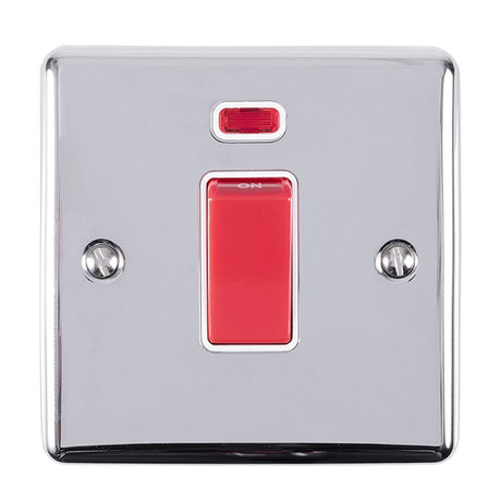 This is an image showing Eurolite Enhance Decorative 45Amp Switch with Neon Indicator - Polished Chrome (With White Trim) en45aswnspcw available to order from trade door handles, quick delivery and discounted prices.