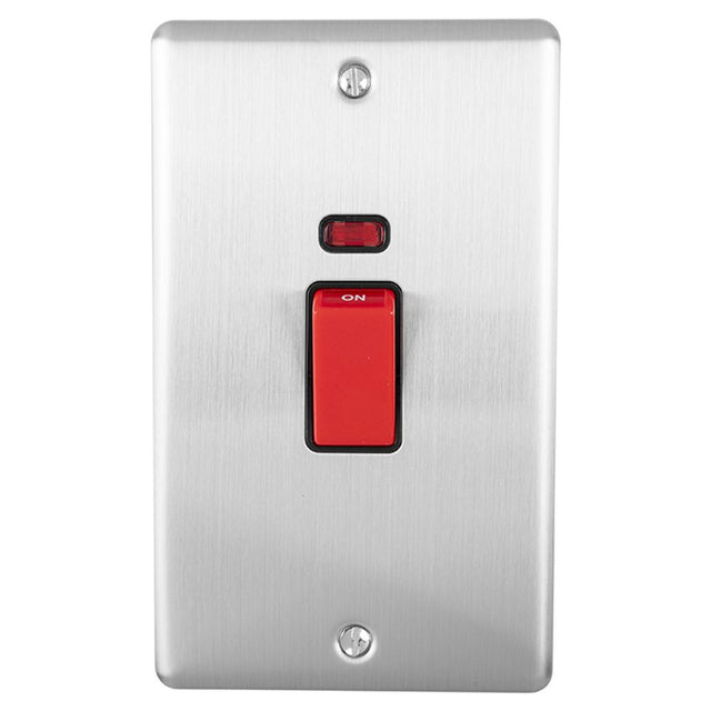 This is an image showing Eurolite Enhance Decorative 45Amp Switch with Neon Indicator - Satin Stainless Steel (With Black Trim) en45aswnssb available to order from trade door handles, quick delivery and discounted prices.