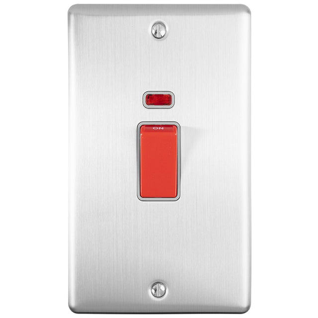 This is an image showing Eurolite Enhance Decorative 45Amp Switch with Neon Indicator - Satin Stainless Steel (With Grey Trim) en45aswnssg available to order from trade door handles, quick delivery and discounted prices.