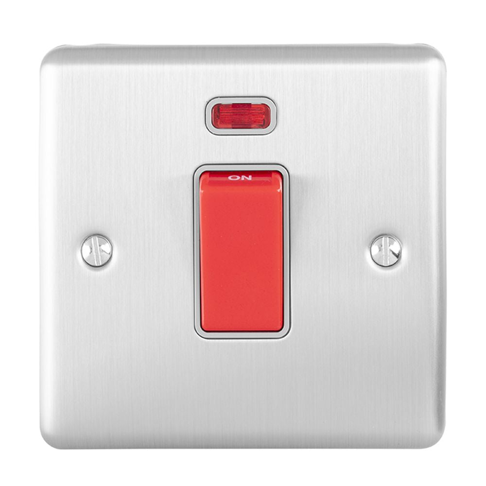 This is an image showing Eurolite Enhance Decorative 45Amp Switch with Neon Indicator - Satin Stainless Steel (With Grey Trim) en45aswnsssg available to order from trade door handles, quick delivery and discounted prices.