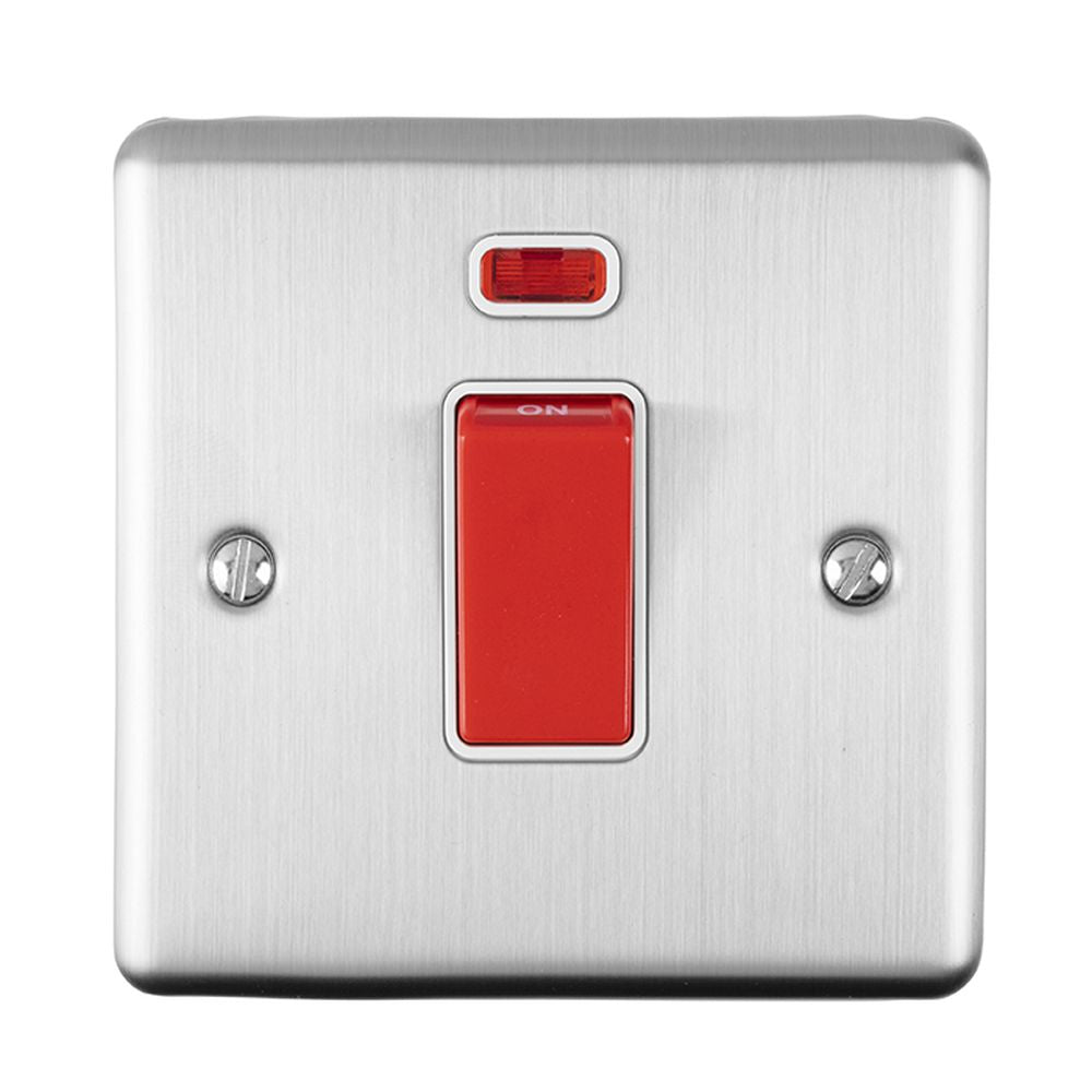 This is an image showing Eurolite Enhance Decorative 45Amp Switch with Neon Indicator - Satin Stainless Steel (With White Trim) en45aswnsssw available to order from trade door handles, quick delivery and discounted prices.