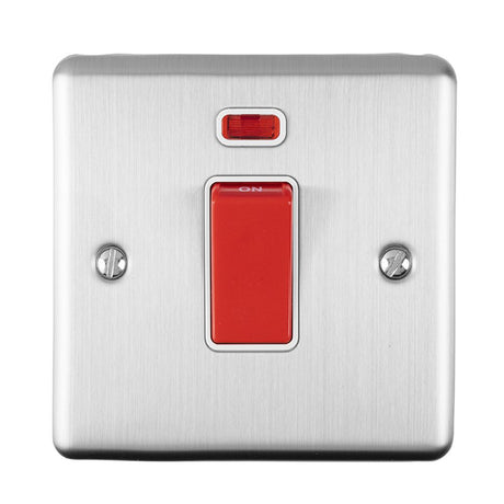 This is an image showing Eurolite Enhance Decorative 45Amp Switch with Neon Indicator - Satin Stainless Steel (With White Trim) en45aswnsssw available to order from trade door handles, quick delivery and discounted prices.