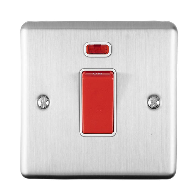 This is an image showing Eurolite Enhance Decorative 45Amp Switch with Neon Indicator - Satin Stainless Steel (With White Trim) en45aswnsssw available to order from trade door handles, quick delivery and discounted prices.