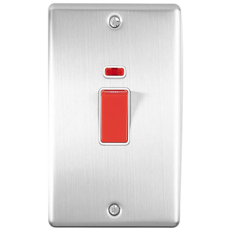 This is an image showing Eurolite Enhance Decorative 45Amp Switch with Neon Indicator - Satin Stainless Steel (With White Trim) en45aswnssw available to order from trade door handles, quick delivery and discounted prices.