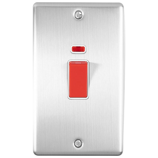 This is an image showing Eurolite Enhance Decorative 45Amp Switch with Neon Indicator - Satin Stainless Steel (With White Trim) en45aswnssw available to order from trade door handles, quick delivery and discounted prices.