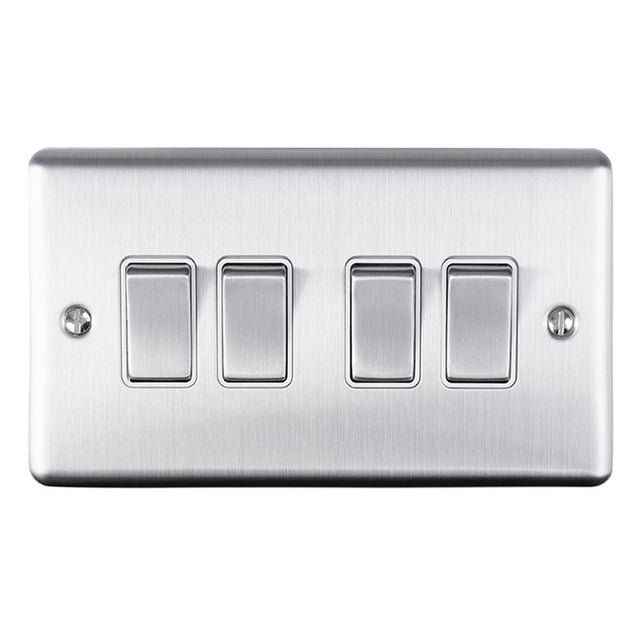 This is an image showing Eurolite Enhance Decorative 4 Gang Switch - Satin Stainless Steel (With White Trim) en4swssw available to order from trade door handles, quick delivery and discounted prices.