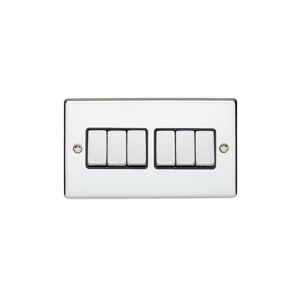 This is an image showing Eurolite Enhance Decorative 6 Gang Switch - Polished Chrome (With Black Trim) en6swpcb available to order from trade door handles, quick delivery and discounted prices.