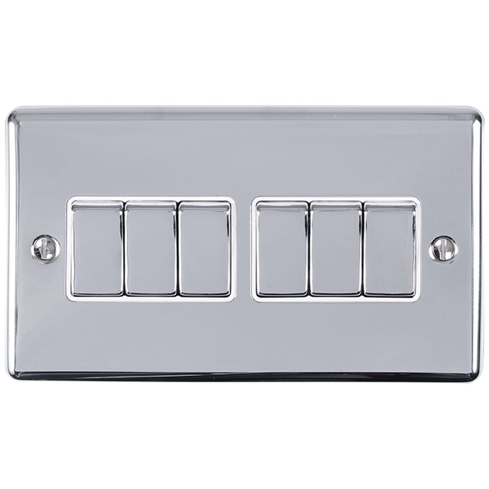 This is an image showing Eurolite Enhance Decorative 6 Gang Switch - Polished Chrome (With White Trim) en6swpcw available to order from trade door handles, quick delivery and discounted prices.