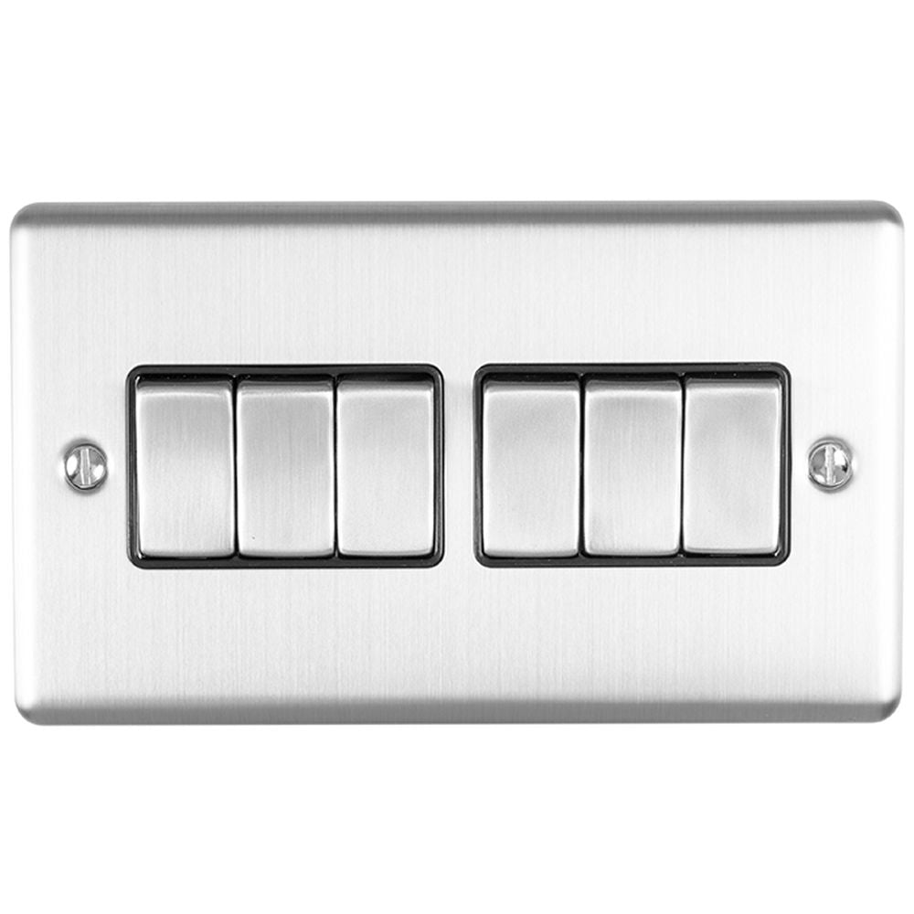 This is an image showing Eurolite Enhance Decorative 6 Gang Switch - Satin Stainless Steel (With Black Trim) en6swssb available to order from trade door handles, quick delivery and discounted prices.