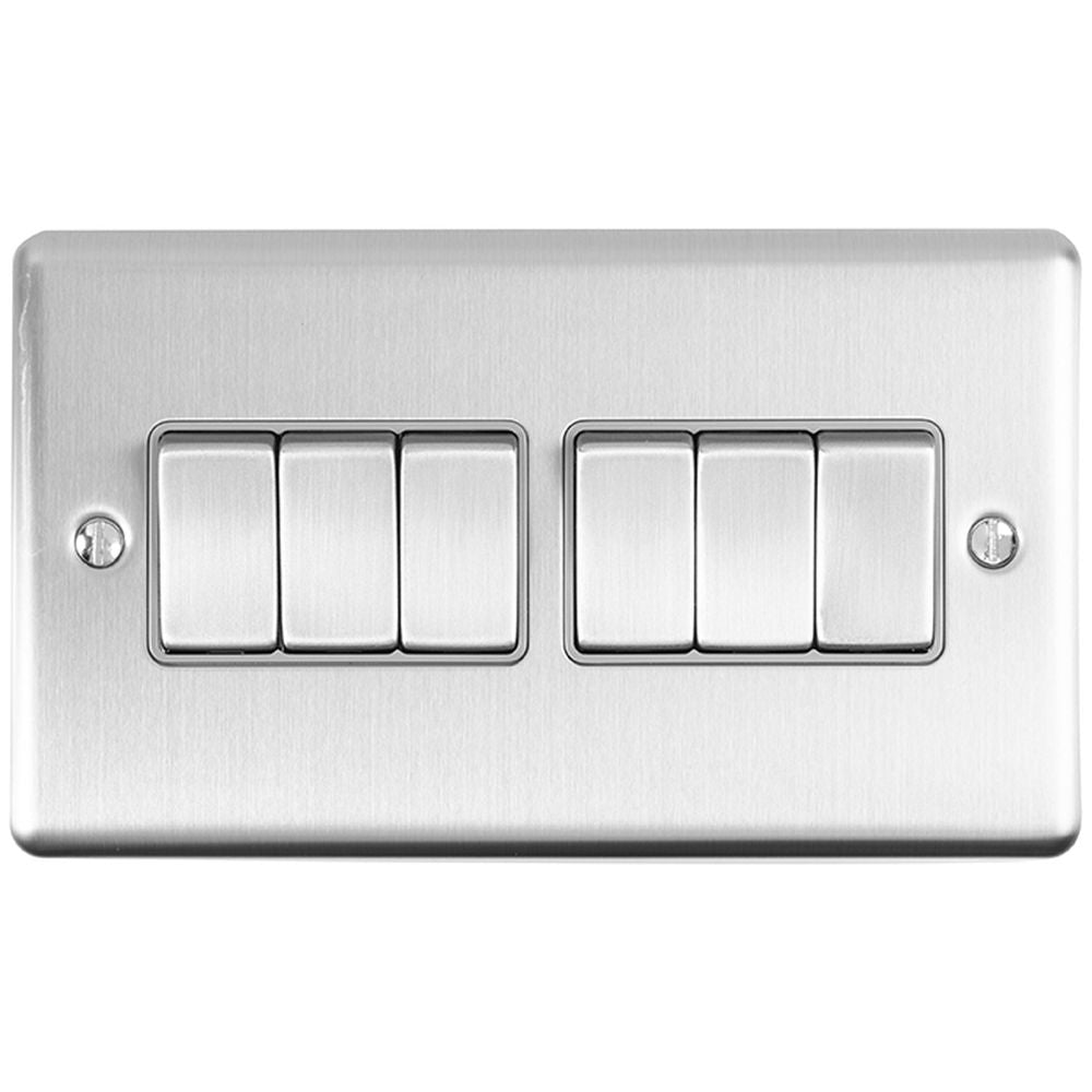 This is an image showing Eurolite Enhance Decorative 6 Gang Switch - Satin Stainless Steel (With Grey Trim) en6swssg available to order from trade door handles, quick delivery and discounted prices.