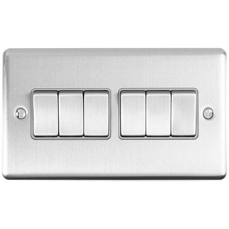 This is an image showing Eurolite Enhance Decorative 6 Gang Switch - Satin Stainless Steel (With Grey Trim) en6swssg available to order from trade door handles, quick delivery and discounted prices.