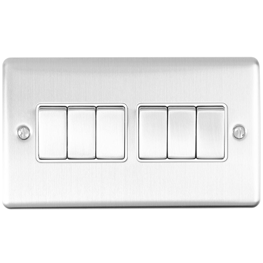 This is an image showing Eurolite Enhance Decorative 6 Gang Switch - Satin Stainless Steel (With White Trim) en6swssw available to order from trade door handles, quick delivery and discounted prices.