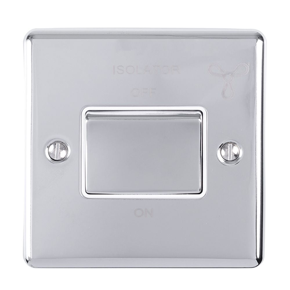 This is an image showing Eurolite Enhance Decorative Fan Switch - Polished Chrome (With White Trim) enfswpcw available to order from trade door handles, quick delivery and discounted prices.