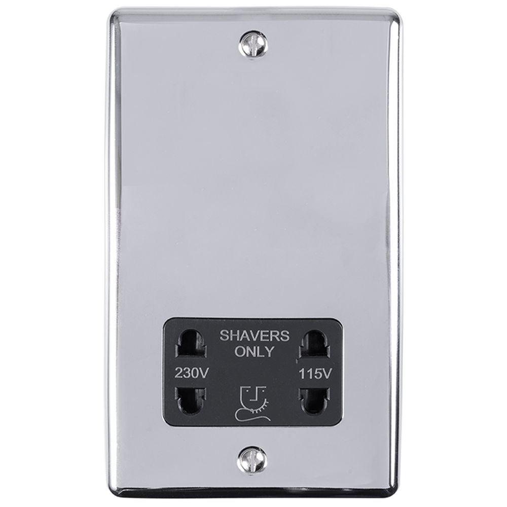 This is an image showing Eurolite Enhance Decorative Shaver Socket - Polished Chrome (With Black Trim) enshspcb available to order from trade door handles, quick delivery and discounted prices.