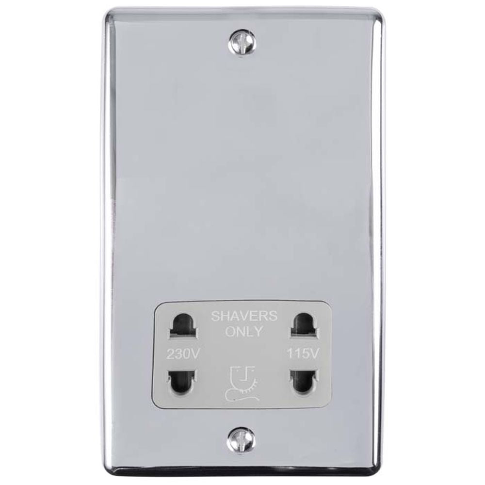 This is an image showing Eurolite Enhance Decorative Shaver Socket - Polished Chrome (With Grey Trim) enshspcg available to order from trade door handles, quick delivery and discounted prices.