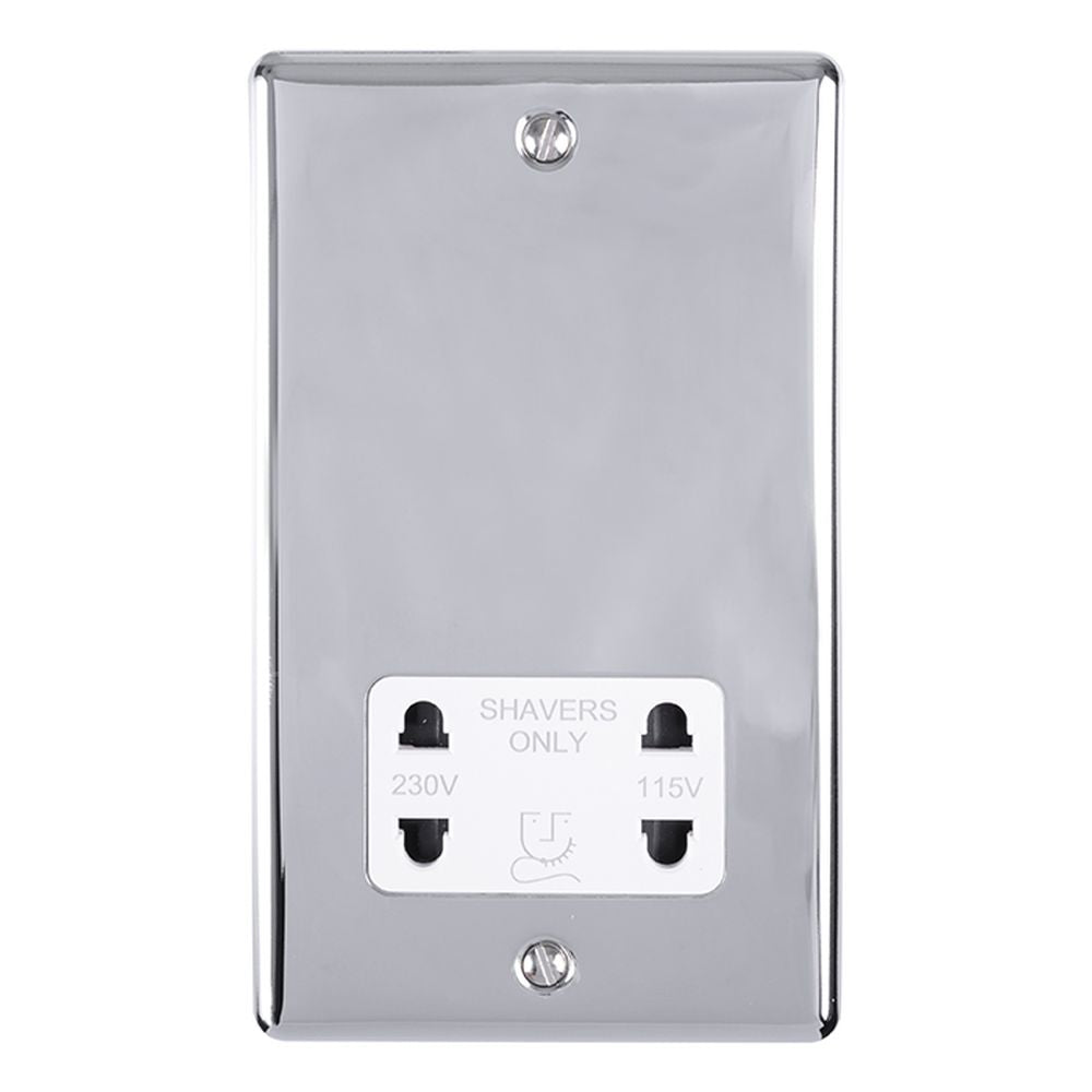 This is an image showing Eurolite Enhance Decorative Shaver Socket - Polished Chrome (With White Trim) enshspcw available to order from trade door handles, quick delivery and discounted prices.