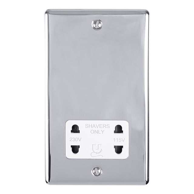 This is an image showing Eurolite Enhance Decorative Shaver Socket - Polished Chrome (With White Trim) enshspcw available to order from trade door handles, quick delivery and discounted prices.