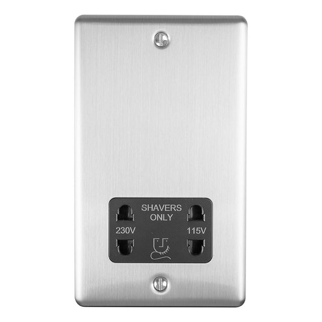 This is an image showing Eurolite Enhance Decorative Shaver Socket - Satin Stainless Steel (With Black Trim) enshsssb available to order from trade door handles, quick delivery and discounted prices.